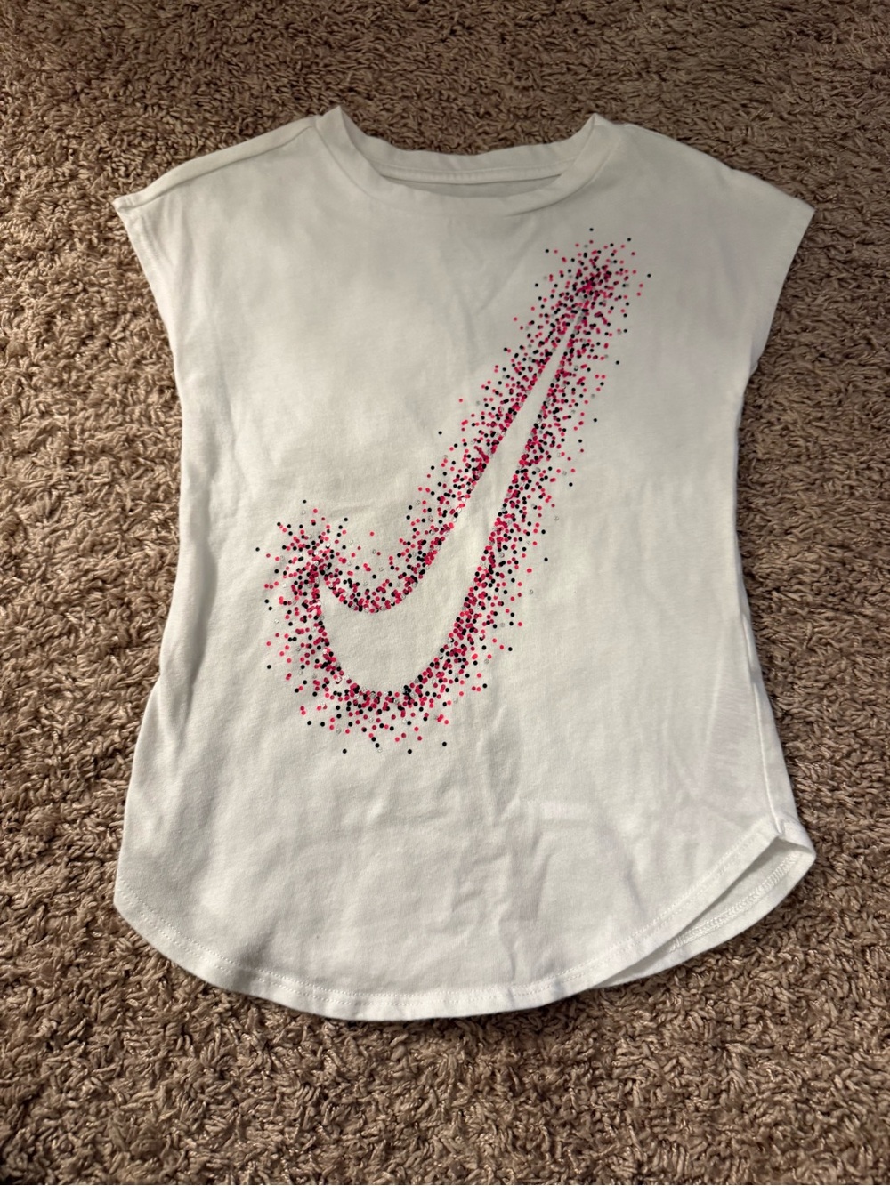 Nike White Girls' Short Sleeve Tee with Pink & Black Swoosh